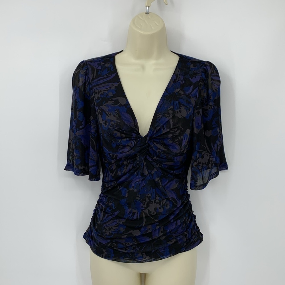 Evereve Mya twist front blouse top shirt dark floral mesh navy blue black new S
